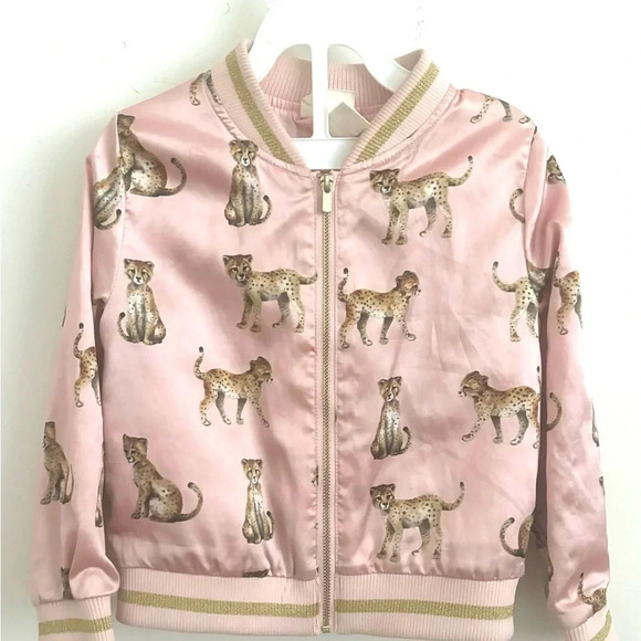 H&M KIDS SATIN BOMBER JACKET PINK CHEETAHS PRINT 3-4 year - Picture 2 of 5